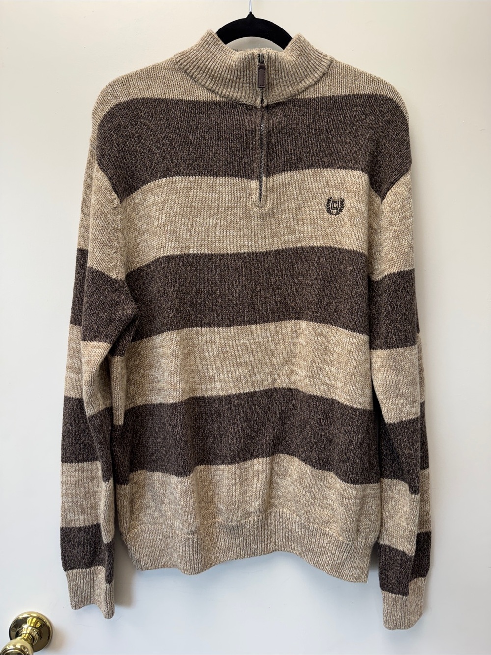 Chaps Men's Zip-Front Striped Sweater in Brown and Beige